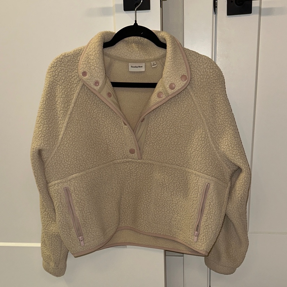 Aritzia Beige Teddy Jacket with Pink Trim